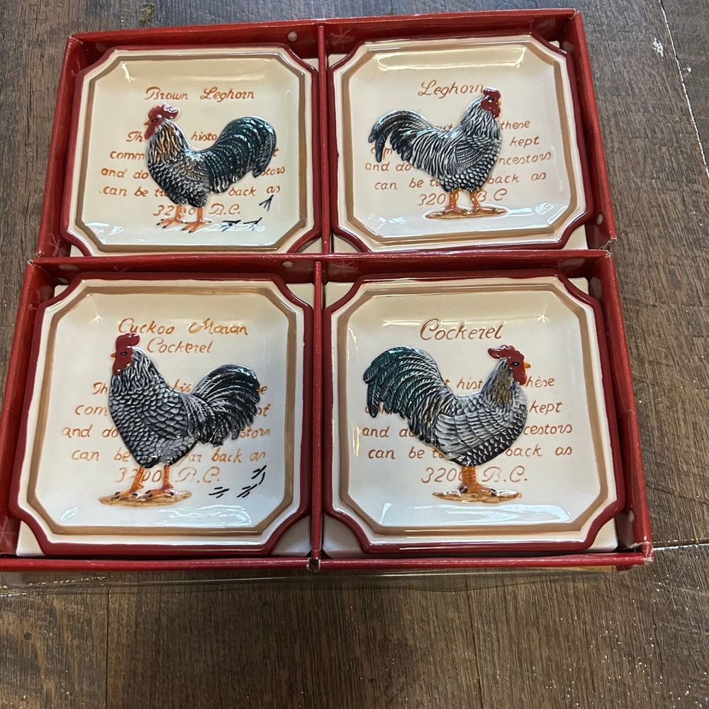 Set of 4 Vintage MWW Market Rooster Mini Plates 4.5 Cockerel Leghorn Cuckoo NEW